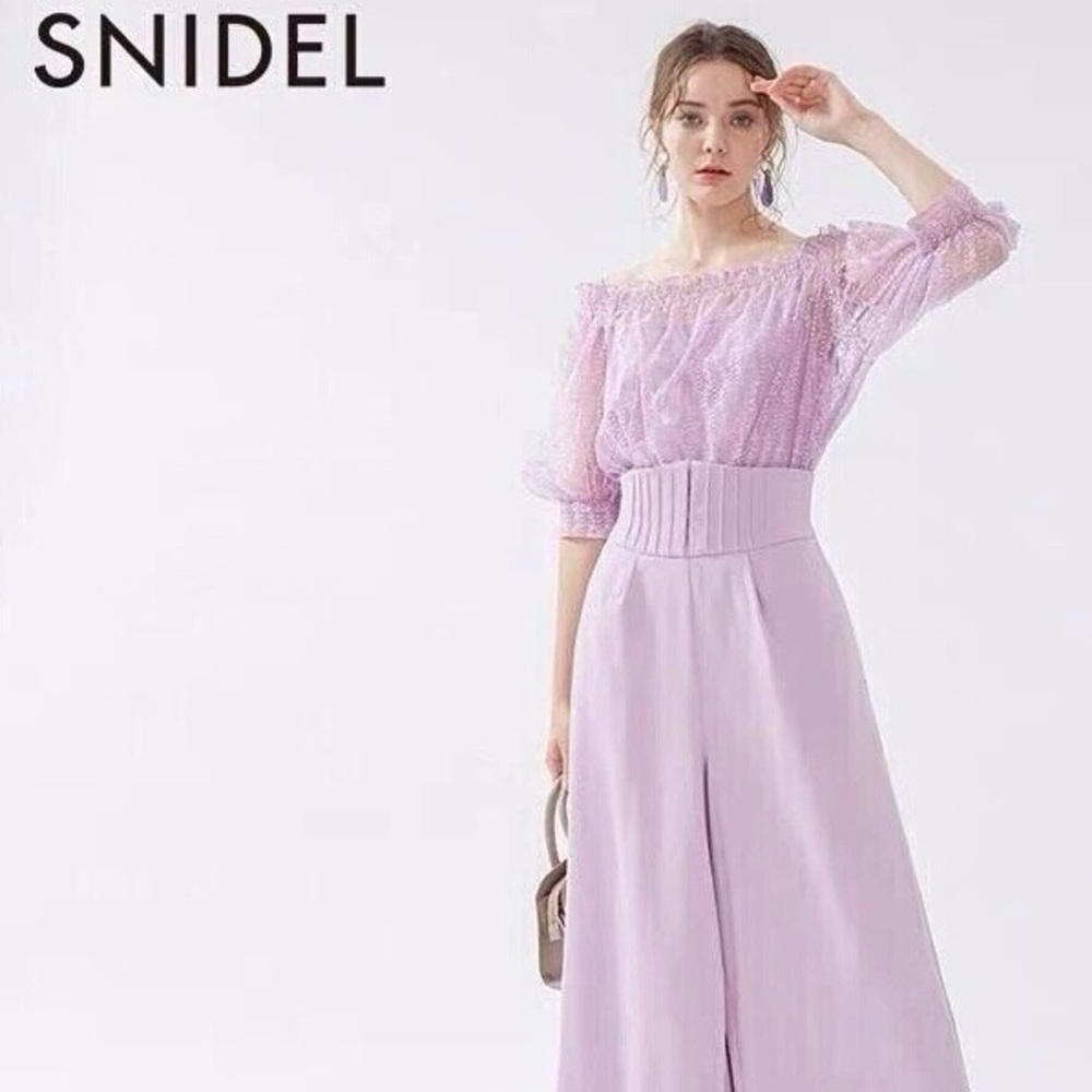 SNIDEL NWT Lavender Lace Off-Shoulder Belted Wide Leg Jumpsuit Size XS
